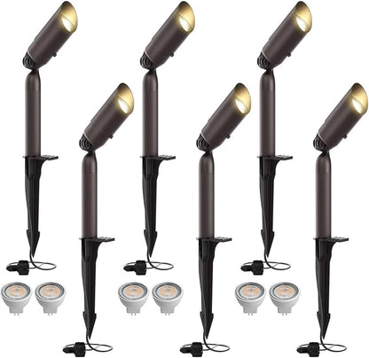 Outdoor Low Voltage Landscape Lighting - 12V Cast Aluminum Spot Lights with 5W 3000K Warm White LED Bulb Waterproof Spotlights Uplights with Wired Connectors for Yard Pathway Garden Tree Wall , 6 Pack
