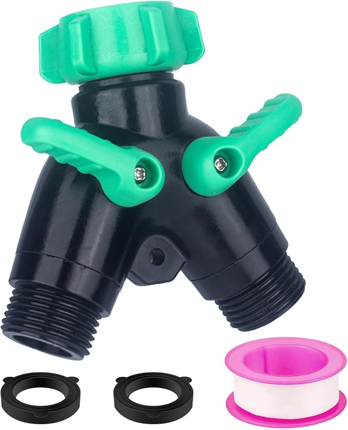 Garden Hose Splitter 2 Way Heavy Duty Plastic, for 3/4" Water Hose Splitter, Hose Y Splitter with Shutoff, Comfortable Grip, Easy Installation, with 2 Extra Leakproof Rubber Washers 1 Tape