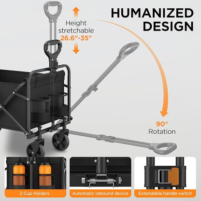 Collapsible Wagon Cart Foldable Beach Wagon with All-Terrain Wheels - 380 LBS Heavy Duty Grocery Cart for Shopping, Beach, Camping, Sports, Garden (Black)