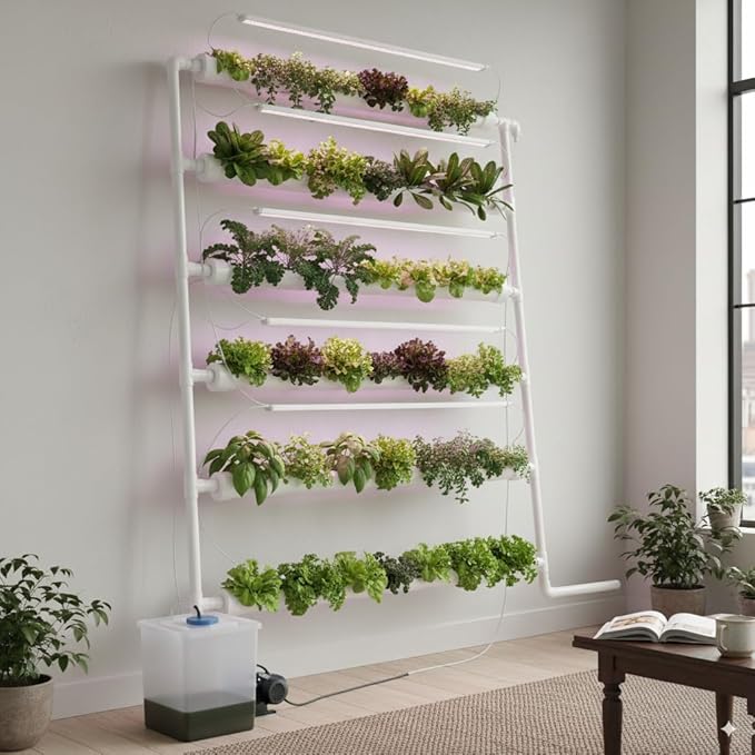 Wall-Mounted Hydroponic Grow Kit, 1 Layers 54 Plant Sites 6 Food-Grade PVC-U Pipes Hydroponics Planting System with Water Pump, Pump Timer, Nest Basket and Sponge for Leafy Vegetable