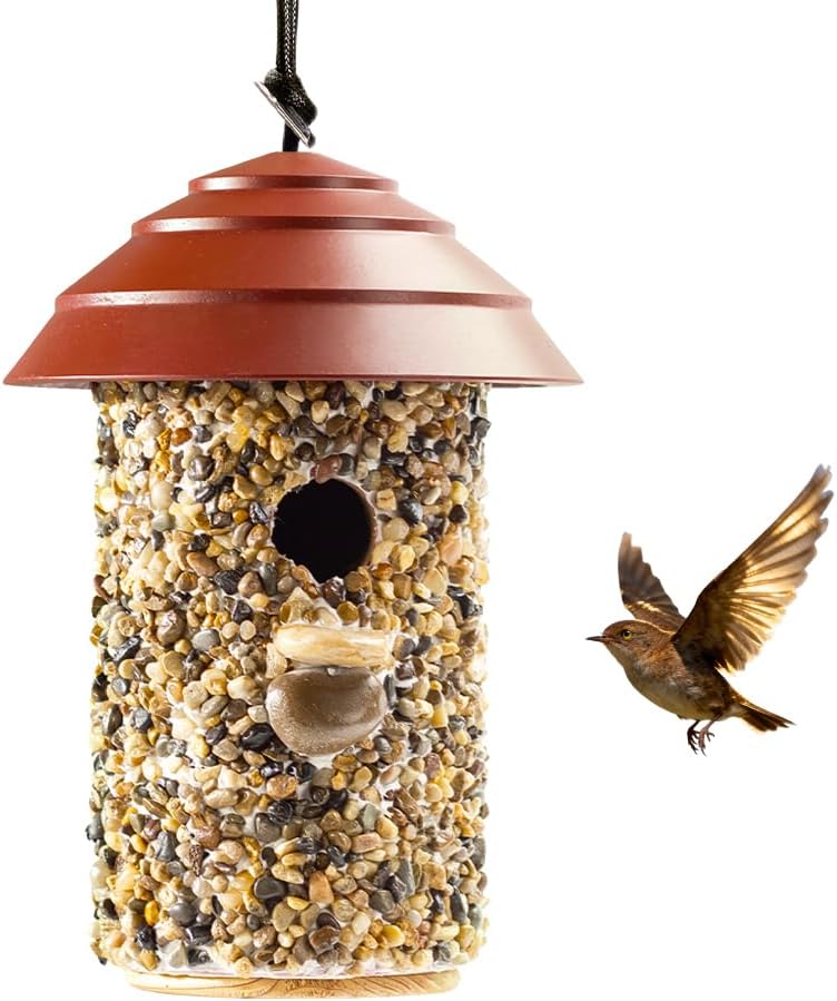 Pebble Stone Bird House for Outside Clearance, HDPE Roof Bird House for Outdoor, Heavy Duty Stone, Hanging Birdhouse for Outside, Wren House 10 Year Lasting （Red