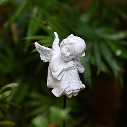 OwMell Set of 2 Decorative Angel Garden Stakes, Small Angel Fairy Garden Angel Ornaments, Cherub Angel Memorial Statue Flower Pot Decorations - Angels
