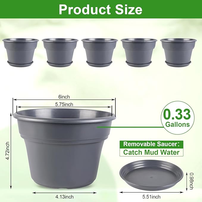 6-inch-Plant-Pots-Indoor-Outdoor, 6 Pack Plastic Planters with Drainage Holes & Saucers, Resin Flower Pots with Trays, Classic Garden Pot Container for House