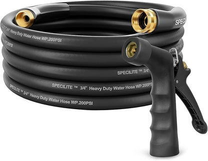 SPECILITE 3/4" Hot/Cold Garden Hose 25 ft with Industrial High Pressure Nozzle, Flexible & Lightweight, 600psi Burst Rubber Water hose -50℉-158℉ With 3/4" Brass Fittings for Yard, Black