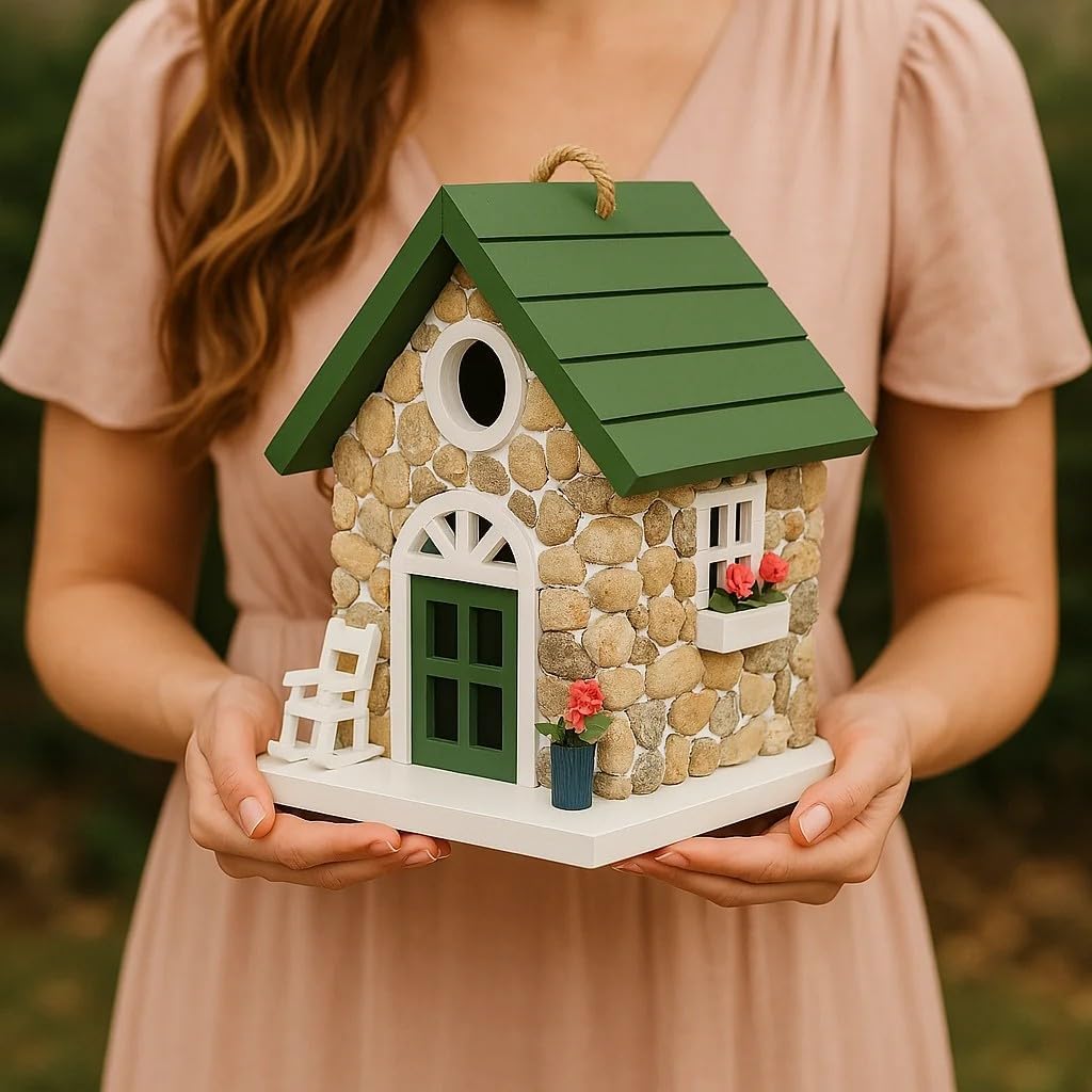 Masterpiece Bluebird House for Outside Clearance,Hanging Bird House for Outdoor, Stone Villa, Birdhouse for Outside, Garden Statue Solid Wood Longtime Lasting, Post Pole Mountable (Green)