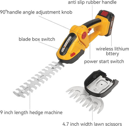Hedge Trimmer Cordless, TOOVEM 2 in 1 Handheld Cordless Grass Shear with 2 Pcs Rechargeable Batterys and Charger, 24V Electric Weed Grass Cutter Shrubbery Trimmer for Garden, Lawn (Yellow)