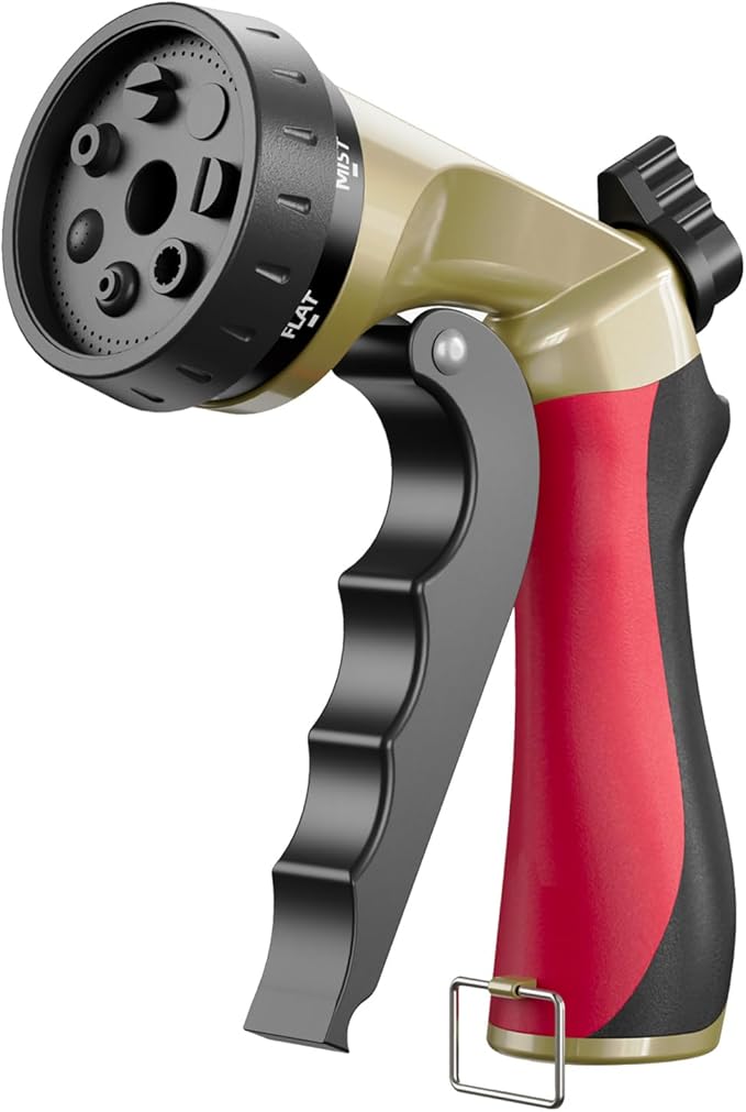 Garden Hose Sprayer Nozzle, Heavy Duty Water Hose Nozzle with 7 Spray Patterns, High Pressure Garden Sprayer with Adjustable Button & Lockable Trigger for Watering Plants & Lawns, Washing Cars, Pets