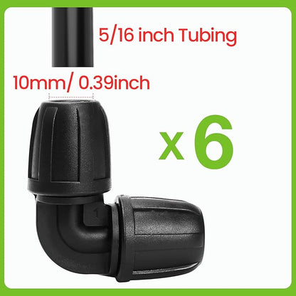 Bonviee 6 Pack 5/16” Drip Irrigation Elbow Connectors, 90° Barbed Lock Fittings for 5/16 Inch Tubing, Leak-Proof Corner Connector for Garden Hose Layout, Irrigation System Repair and Setup