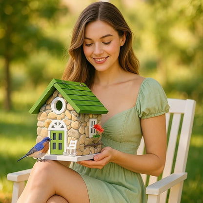 Masterpiece Bluebird House for Outside Clearance,Hanging Bird House for Outdoor, Stone Villa, Birdhouse for Outside, Garden Statue Solid Wood Longtime Lasting, Post Pole Mountable (Green)