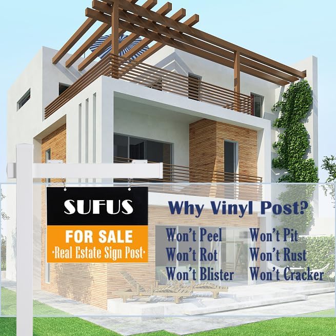 Vinyl PVC Real Estate Sign Post 6' Tall (4"x 4"x 72"), Realtor Yard Sign Post with Flat Cap for Open House and Home for Sale, 47" Arm Holds Up to 36" Sign, White (No Sign)