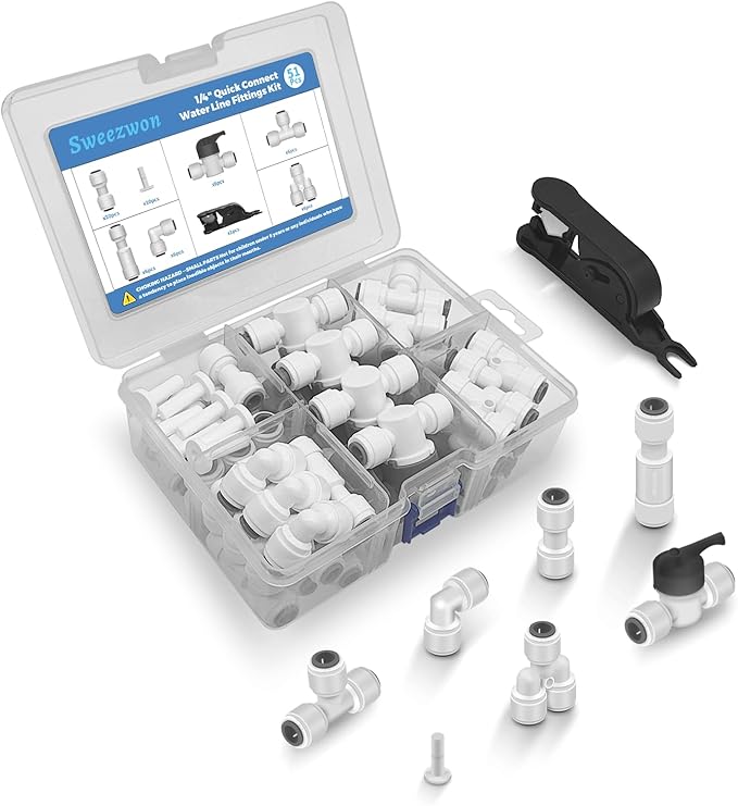 51Pcs 1/4" Quick Connect Water Line Fittings Kit, Push to Connect Fittings (Ball Valve, Check Valve, T, L, Y, I & Professional Tubing Cutter) for RO/DI, Refrigerator, Ice Maker