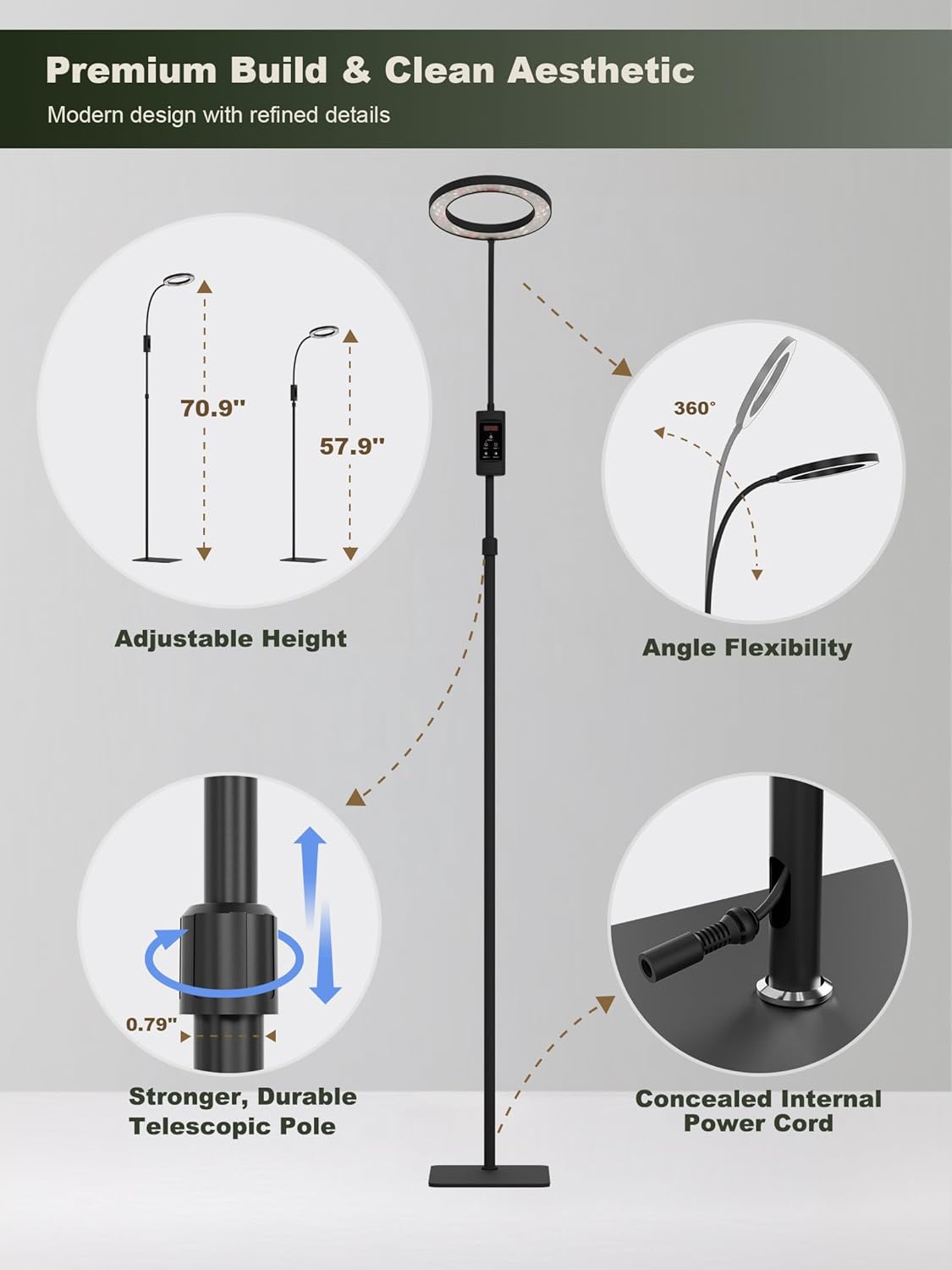 GLOWRIUM Smart Grow Lights for Indoor Plants, 24W Full Spectrum Plant Lights, Bluetooth App & Manual Control, Adjustable Height 47-70.9", Auto Timer, Indoor Plant Lamp for Tall Indoor Plants