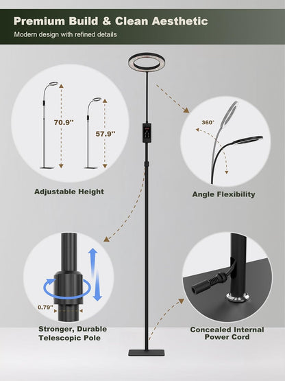 GLOWRIUM Smart Grow Lights for Indoor Plants, 24W Full Spectrum Plant Lights, Bluetooth App & Manual Control, Adjustable Height 47-70.9", Auto Timer, Indoor Plant Lamp for Tall Indoor Plants