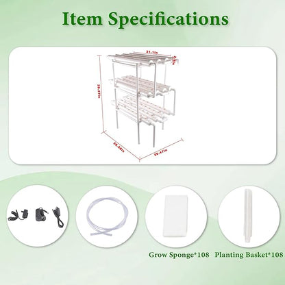 Hydroponic Grow Kit, 3 Layer 108 Plant Sites 12 Food-Grade PVC-U Pipes Hydroponics Planting System with Water Pump, Pump Timer, Nest Basket and Sponge for Leafy Vegetables