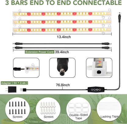 GYTF LED Grow Light Strips, 3500K 90-Bulb Full Spectrum Dimmable Plant Growing Lamp Bars with Auto ON/Off Timer for Indoor Plants Succulents Seeds Starting Hydroponics, Extendable Design