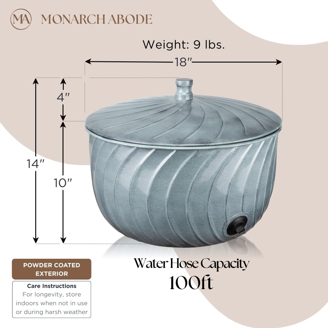 Monarch Abode Decorative Garden Hose Holder with Lid, Patina Storage for Outdoor Use, 100 ft Water Hose Pot for Outside, Wave Embossed Metal Pot with Drainage, Garden Storage Organizer