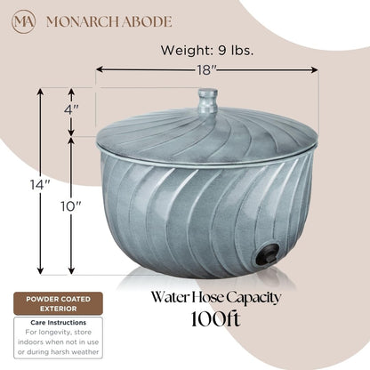 Monarch Abode Decorative Garden Hose Holder with Lid, Patina Storage for Outdoor Use, 100 ft Water Hose Pot for Outside, Wave Embossed Metal Pot with Drainage, Garden Storage Organizer