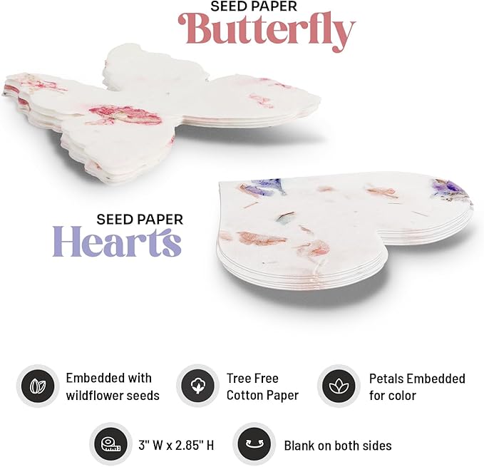 48pcs Plantable Seed Paper – 24 Heart & 24 Butterfly Embedded with Wildflower Seeds for Bridal Shower, Wedding Gift, Birthday, & Other Milestone Celebrations