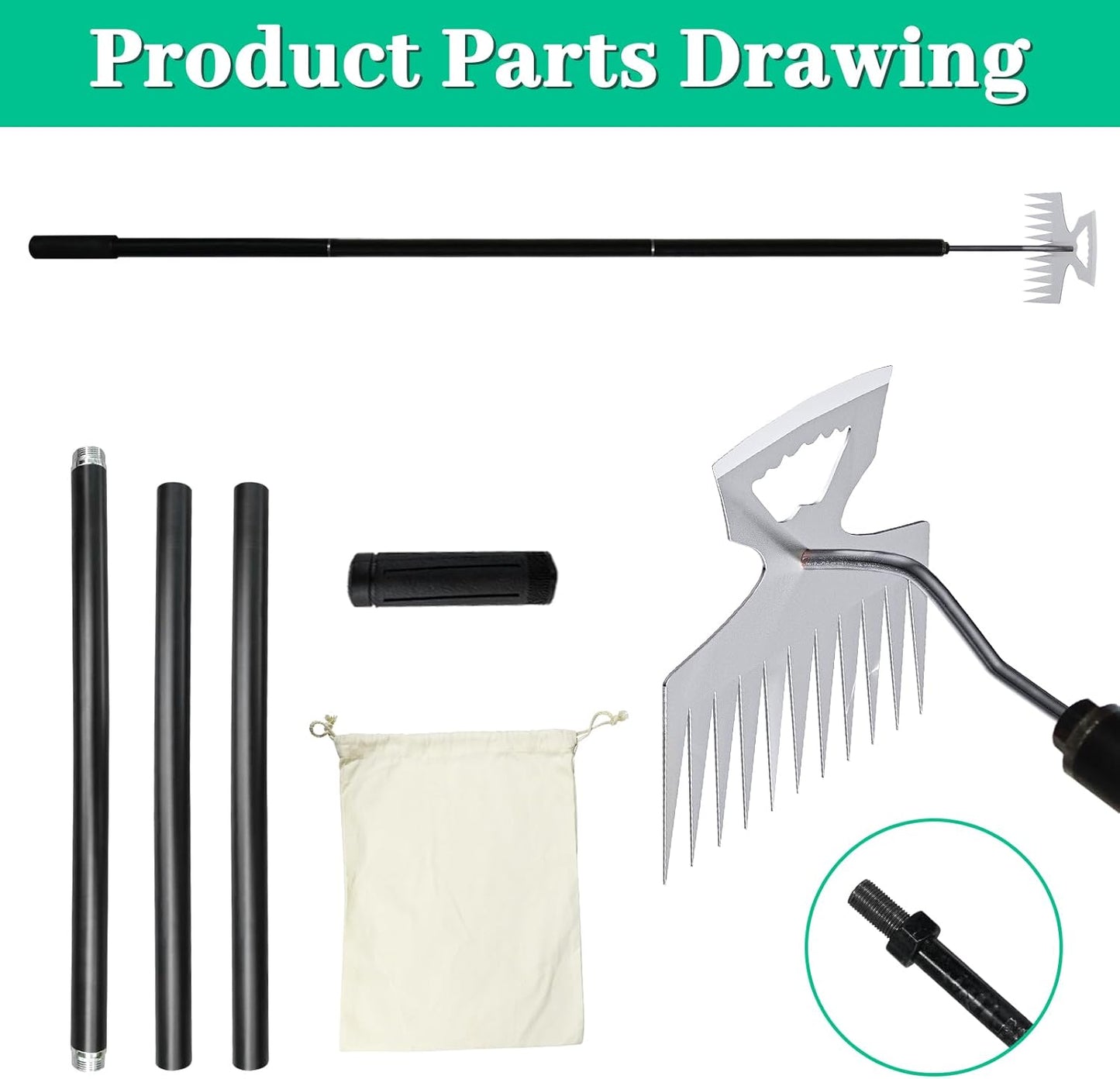 2-in-1 Weed Puller Rake Hand Weeder Garden Tools,New 11 Teeth Uprooting Weeding Tool with Adjustable Long Handle,Manganese Steel Weed Remover Tool for Garden,Lawn Weeding and Loosening Soil（Black）