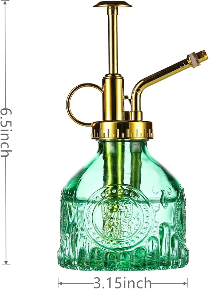 Glass Plant Mister Spray Bottle, 6.5" Green Glass Water Spray Bottle with Gold Top Pump Small Watering Can, Small Plant Sprayer Mister for Indoor Outdoor House, Green+Gold (Green+Gold D)