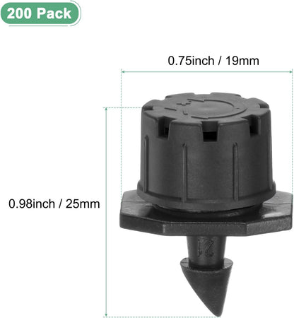 200-Pack 360 Degree Adjustable Irrigation Dripper, 1/4 Inch Barbed Emitter Drip Sprinklers for Garden/Greenhouse/Flower Bed/Watering System, Anti-Clogging Emitters [Black]