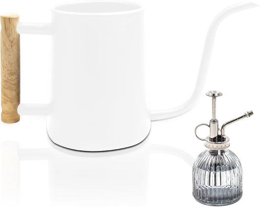 Watering can Indoor Plants,Indoor Watering Can for Plant,35 oz/1000 ml Stainless Steel Watering can Long Spout with Small Vintage Glass Plant Spray Bottle(White)