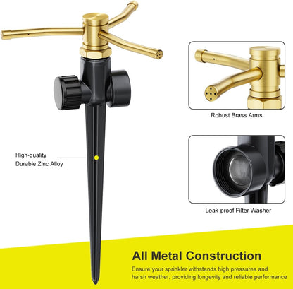 FANHAO 2 Pack Metal Lawn Sprinklers for Yard with Spike Base, 3-Arm Water Sprinkler 360 Degree Automatic Rotary Garden Sprinkler System, Large Yard Area Watering for Plant, Flower Bed and Patio