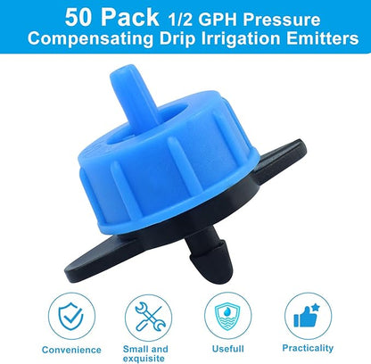 50 Pack 1/2 GPH Pressure Compensating Drip Irrigation Emitters, Premium Plastic Drip Sprinklers for 1/4" Tubing for Indoor/Outdoor Plants, Gardens & Landscapes