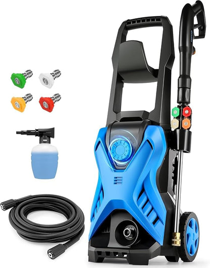 5000 PSI 2.8 GPM Pressure Cleaner High Power Cleaner Adjustable Pressure 2500PSI-5000PSI with 33FT Extension Hose Reel, 4 Nozzles and Soap Bottle for Cars/Fences/Driveways (Blue, No Hose)