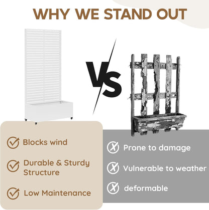 Metal Raised Garden Bed with Trellis & Wheels,72" x 35"x 15.7" Planter Box with Trellis,Privacy Planters for Patio,Garden Bed for Climbing Plants,Suitable for Climbing Plants and Vegetables,White