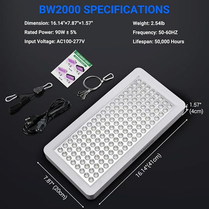 2024 Upgraded BW2000 LED Grow Lights Double Chips Full Spectrum with 10ft Cable for Greenhouse and Indoor Plant Veg and Flower Growing [White]