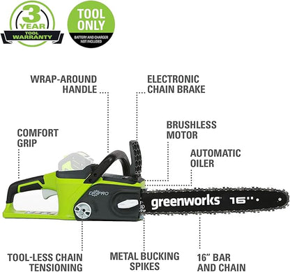Greenworks 40V 16" Brushless Cordless Chainsaw (Great For Tree Felling, Limbing, Pruning, and Firewood / 75+ Compatible Tools), Tool Only