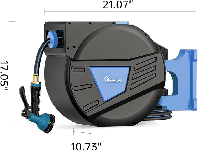 GARDENJOY Retractable Garden Hose Reel, 100ft x 1/2 inch Heavy Duty Garden Hose with 180°Swivel Wall Mounted Bracket, 10 Pattern Sprayer Nozzle, Any Length Lock & Slow Return System