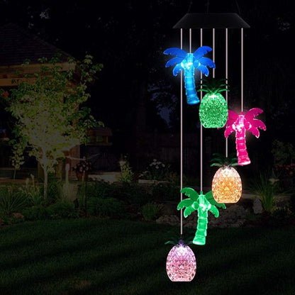 LED Solar Coconut Tree Pineapple Wind Chimes Outdoor - Waterproof Solar Powered Changing Color Palm Tree Pineapple Wind Chime Light for Home, Party, Festival Decor, Night Garden Decoration