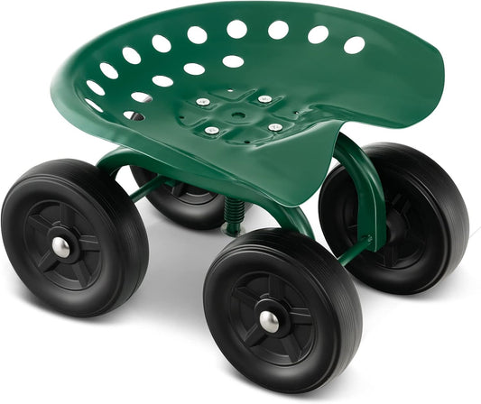 Goplus Garden Cart with Wheels, Utility Stool Cart w/Adjustable 360 Degree Swivel Seat, Outdoor Lawn Yard Rolling Work Seat, Garden Scooter for Planting (Green)