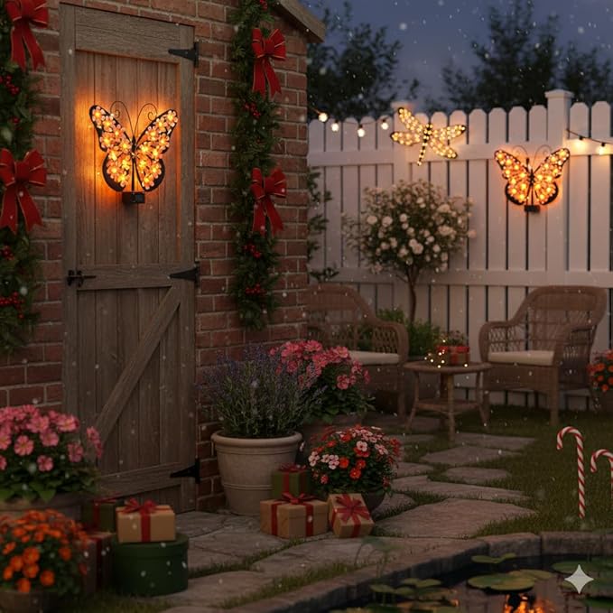 for Women Solar Lights Outdoor Metal Butterfly Wall Decor with 30 Led - 13.5" Outdoor Fence Wall Art,Hanging Decoration for Garden Patio Porch Yard,Xmas Gifts for Mom Grandma