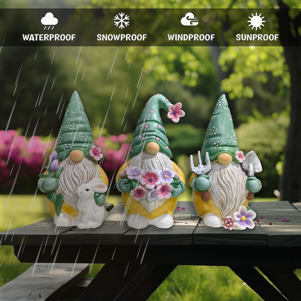 Spring & Summer-Themed Garden Statues – Adorable Outdoor Decor for Lawn, Patio & Porch (Garden Guardians Set of Three 6" Gardening Gnome Figurines, Floral Green and Yellow Statue Decor)