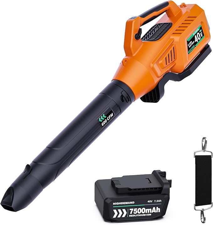 Leaf Blower Cordless, 40V 600CFM &180MPH Electric Leaf Blower with 7.5Ah Battery, Fast Charger and Extension Tube for Blowing Leaves Snow for Yard Garden Lawn Care, Orange