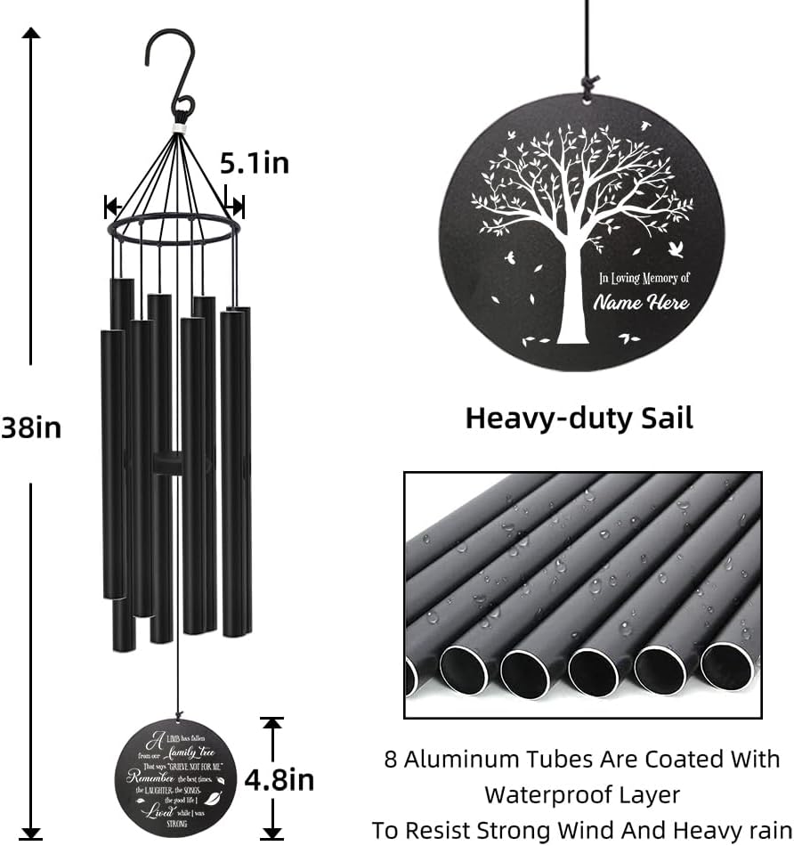 Personalized 36" Healing Memorial Wind Chimes for Outside, Bereavement Gift of Comfort for Loss of Mother, Father or Husband, A Soothing Remembrance for Your Garden and Patio