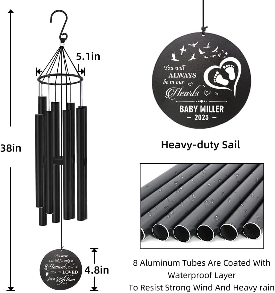 Personalized 36" Healing Memorial Wind Chimes for Outside, Bereavement Gift of Comfort for Loss of Mother, Father or Husband, A Soothing Remembrance for Your Garden and Patio