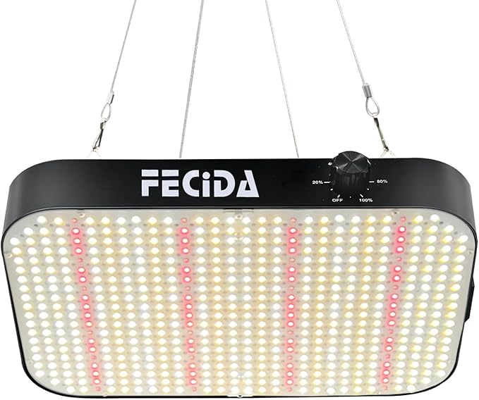 FECiDA 600W Equivalent LED Grow Light, 65W True Power Full Spectrum Plant Light, 0–100% Dimmable, Daisy Chain, Quiet Cooling Fan for Indoor Plants Seedling Veg Bloom