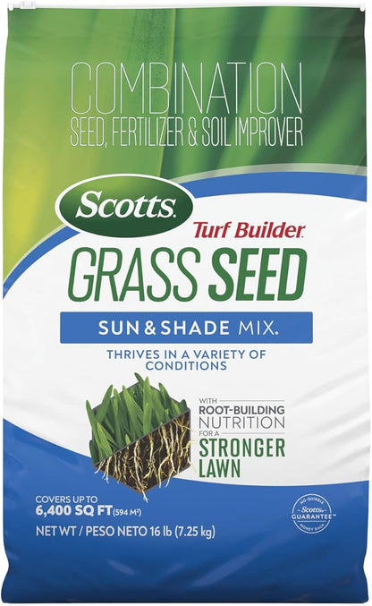 Scotts Turf Builder Grass Seed Sun and Shade Mix with Fertilizer and Soil Improver, Thrives in Many Conditions, 16 lbs.