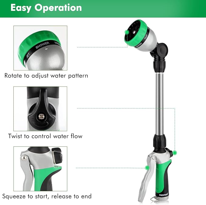 RESTMO Metal Watering Wand, Heavy Duty Garden Hose Wand with 180° Swivel Ratcheting Head, 16-Inch Hose Nozzle Sprayer with 7 Spray Patterns and Flow Control, Ideal to Water Hanging Baskets and Shrubs