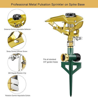 FANHAO Heavy Duty Pulsating Lawn Sprinkler on Spike Base, 100% Metal Impact Sprinkler with Adjustable Spray Pattern for Lawn Yard Irrigation, 360 Degree Large Area Coverage, Covers Up to 5800 sq. ft