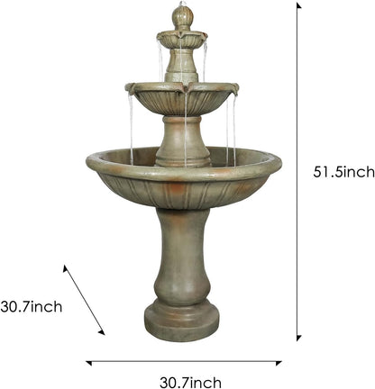 SunJet 51.5” High 3-Tiers Modern Concrete Outdoor Water Fountain - Round Large Outdoor Fountains and Waterfalls for Garden, Patio, Yard, and Deck Decor, Featuring Natural Stone Look