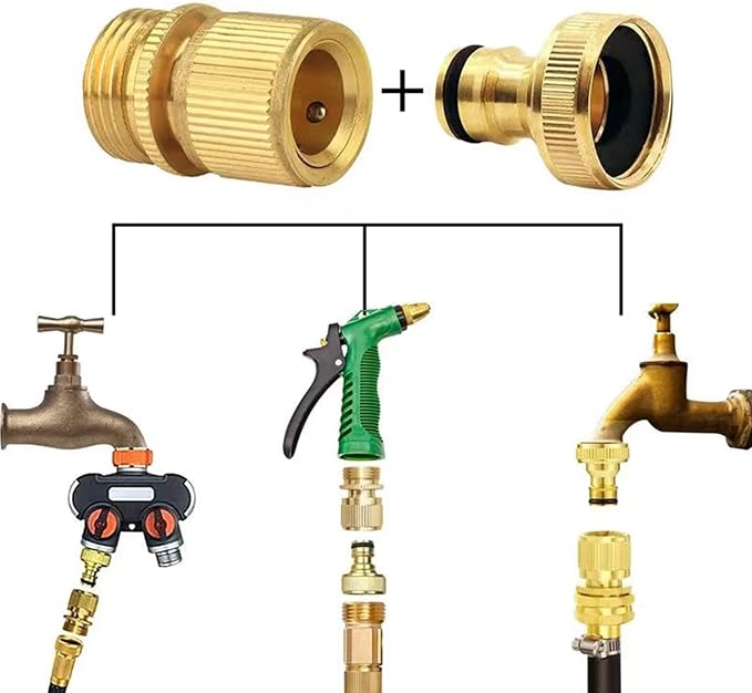 Garden Hose Quick Connector, Solid Brass 3/4 inch GHT Thread No-Leak Water Hose Fittings for Quick Connect and Release, Male and Female Garden Hose Adapter (2 Pack)