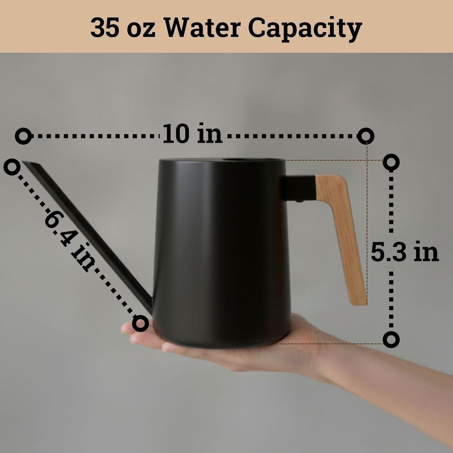 35 Ounce Metal Small Indoor Watering Can with Long Spout & Real Wood Handle for House Plants, Succulents, Cacti & Seedlings - Black Long Spout Watering Can Indoor Plants - Gentle Flow & No Spills