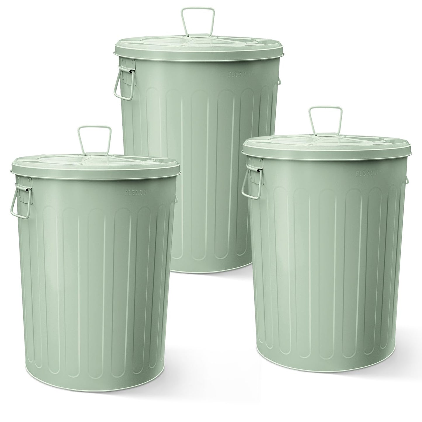 Plexon Large Metal Trash Can with Lid 20 Gallon, Decorative Outdoor Trash Can Heavy Duty Galvanized Metal Bucket with Lid for Garage Workshop Ash Storage Farmhouse, Green 3 Pack
