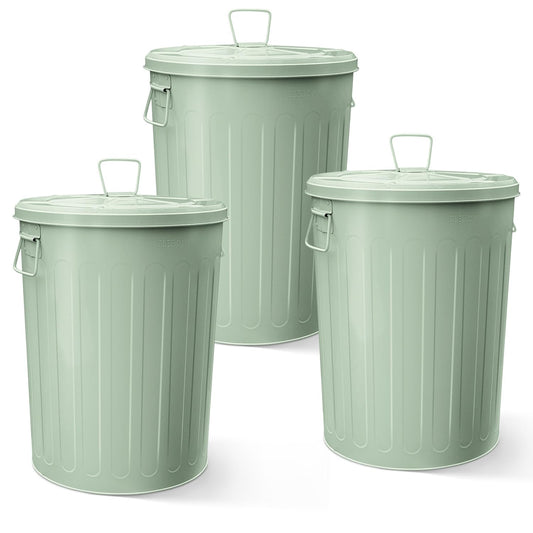 Plexon Large Metal Trash Can with Lid 20 Gallon, Decorative Outdoor Trash Can Heavy Duty Galvanized Metal Bucket with Lid for Garage Workshop Ash Storage Farmhouse, Green 3 Pack