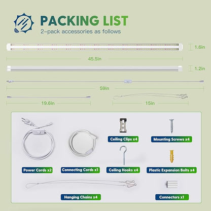 FREELICHT 2 Pack 4FT LED Grow Light, 40W (250W Equivalent), Full Spectrum Sunlight Growing Lamp Fixture, Linkable Hanging Plant Light for Hydroponic Indoor Plants Seeding, Plug-in with On/Off Switch